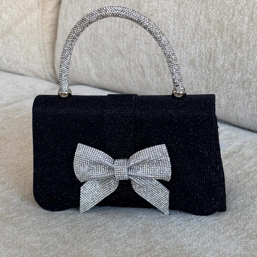 Sincerely Jules Black Evening Bag with Rhinestone Bow & Handle